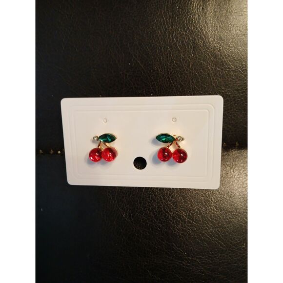 3D Red Cherry Cherries Stud Earrings Green Rhinestone Leaves - Picture 3 of 5